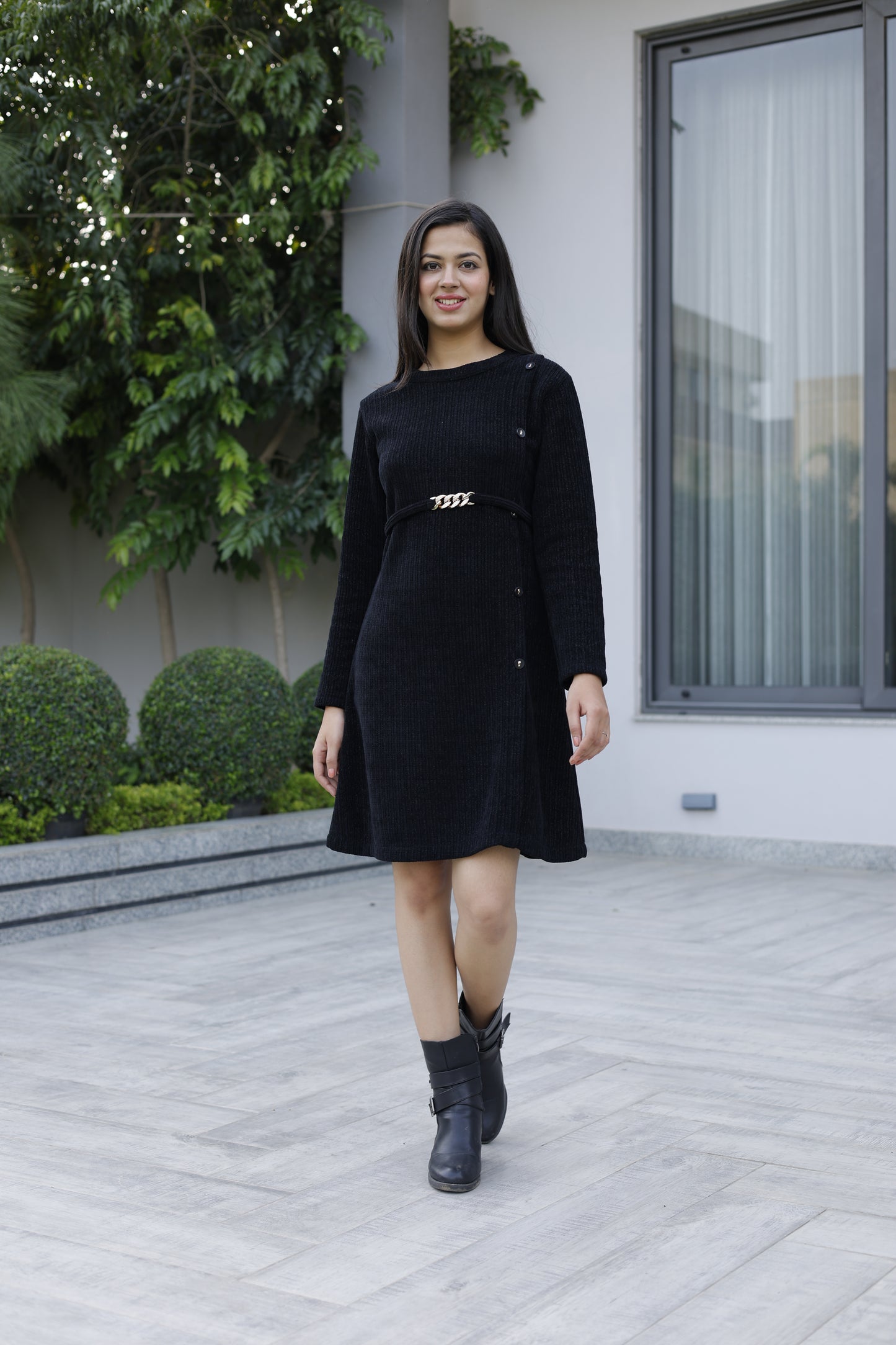 Black Partywear Woolen Dress with Belt and Buttons