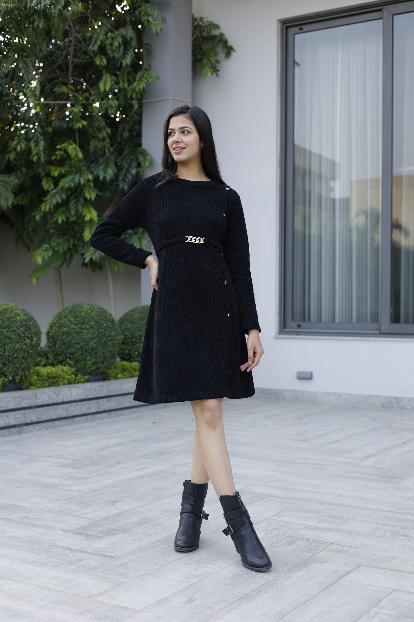 Black Partywear Woolen Dress with Belt and Buttons