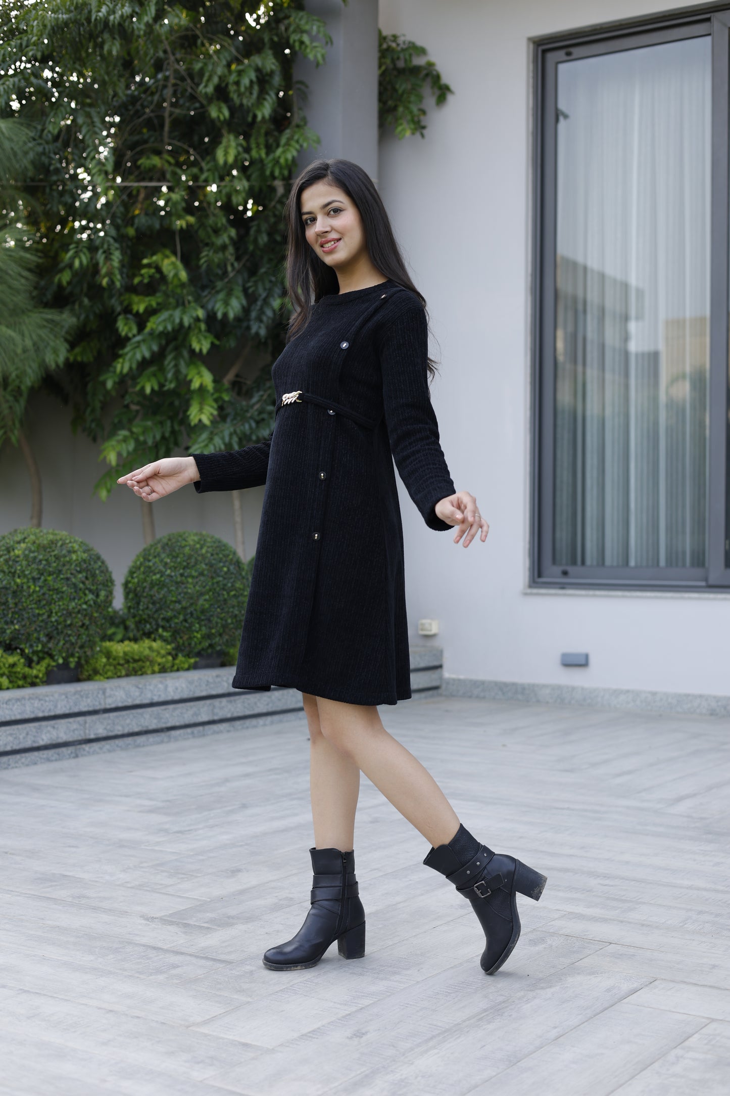 Black Partywear Woolen Dress with Belt and Buttons