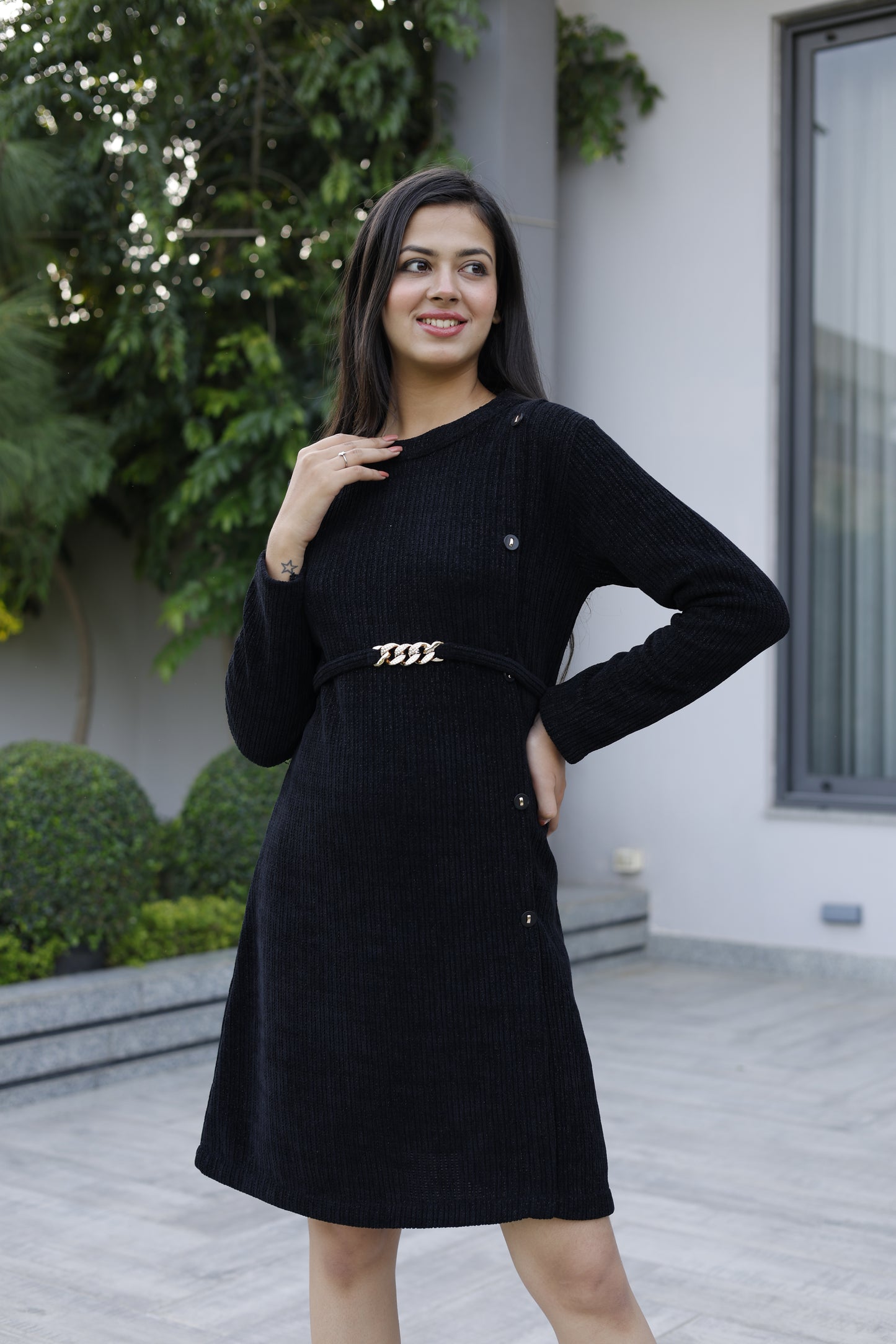 Black Partywear Woolen Dress with Belt and Buttons