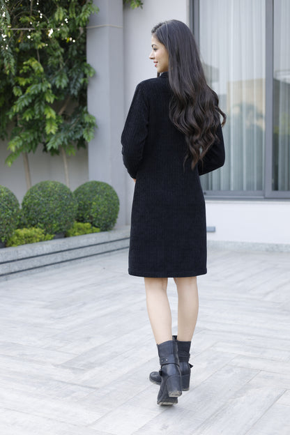 Black Partywear Woolen Dress with Belt and Buttons