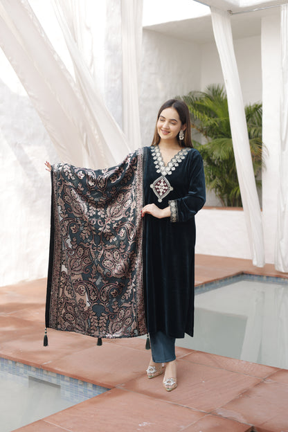 Sequin Velvet 3 Piece Kurta Set With Burnout Shawl