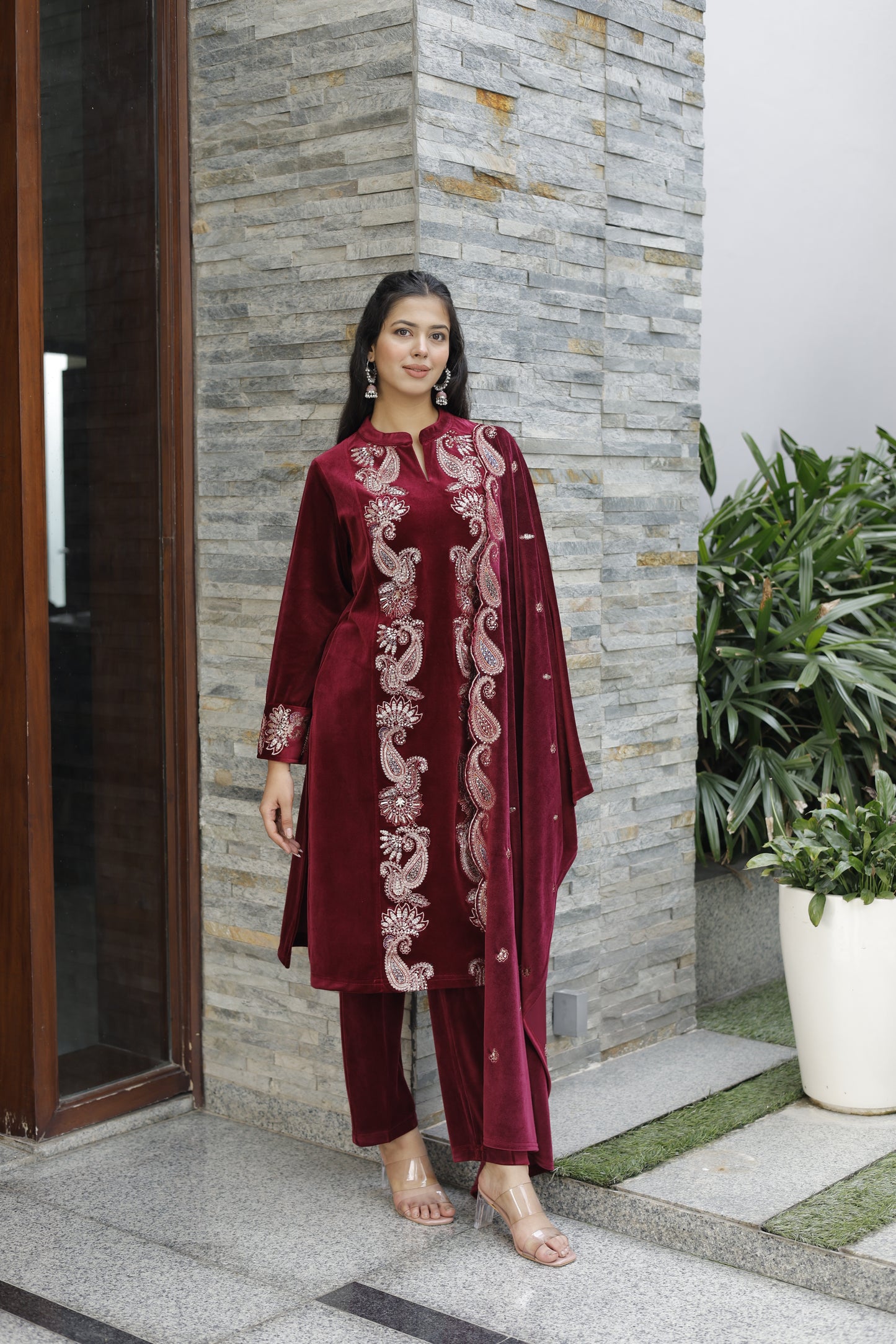 Maroon Velvet 3-Piece Kurta Set with Shawl for Women