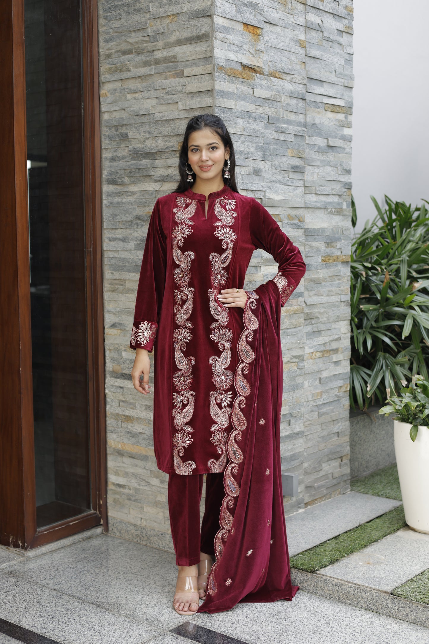 Maroon Velvet 3-Piece Kurta Set with Shawl for Women