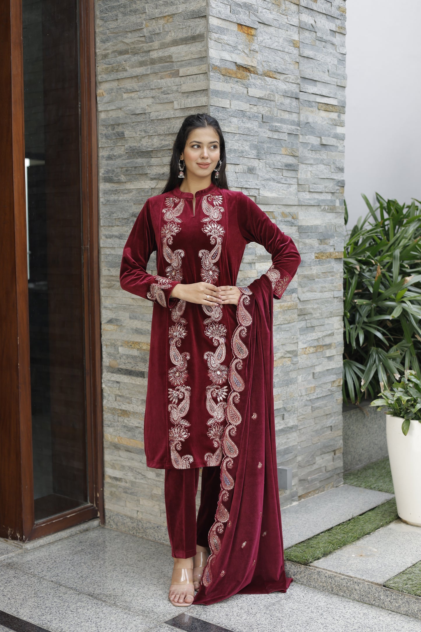 Maroon Velvet 3-Piece Kurta Set with Shawl for Women