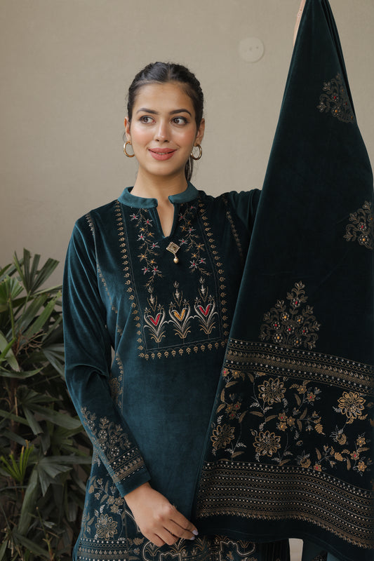 Printed Woolen 3-Piece Kurta Set with Handwork and Shawl