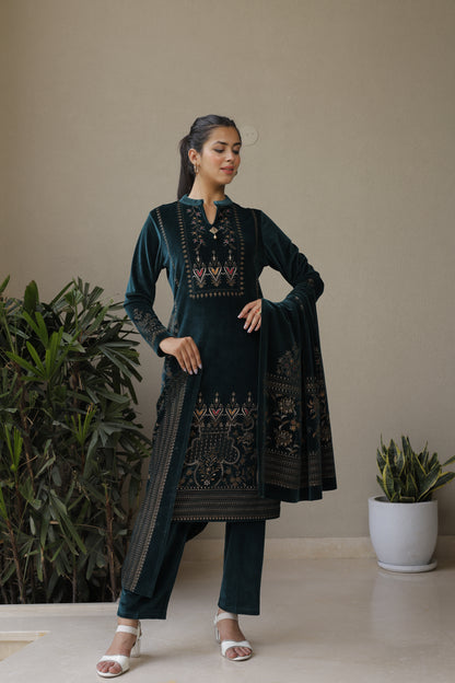 Printed Woolen 3-Piece Kurta Set with Handwork and Shawl