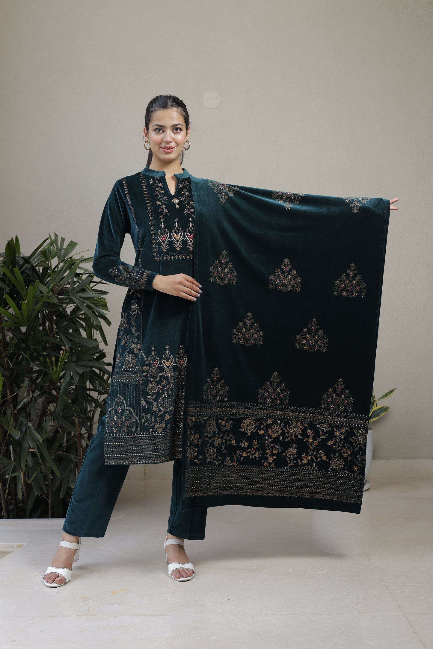 Printed Woolen 3-Piece Kurta Set with Handwork and Shawl