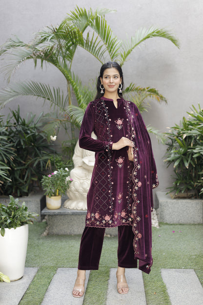 Partywear Woolen Kurta Set with Shawl and Pants