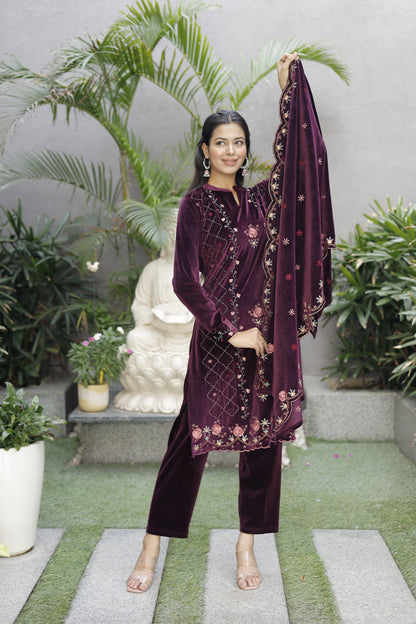 Partywear Woolen Kurta Set with Shawl and Pants